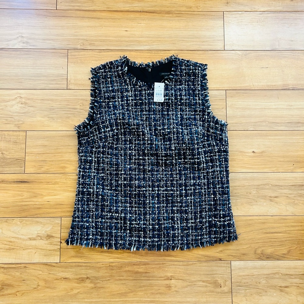 NEW w TAGS Ann Taylor Fringe Tweed Shell Black Multi Sz 8